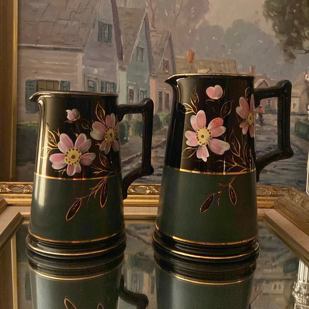 Hand painted vintage pitcher set of 2 black and green with pink flowers gold rim